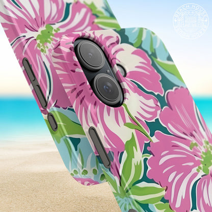 Close up views of the Seaside Slim Case for iPhone with pink floral design on a beach background