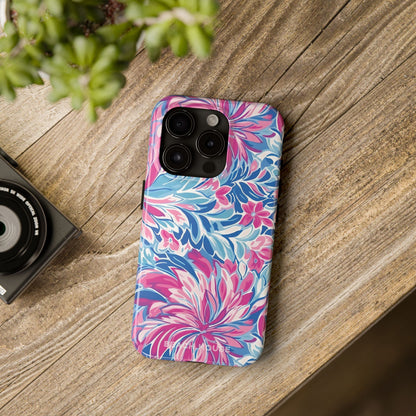 Destin Tough Case for iPhone with floral pattern on a wooden surface next to a camera and plant
