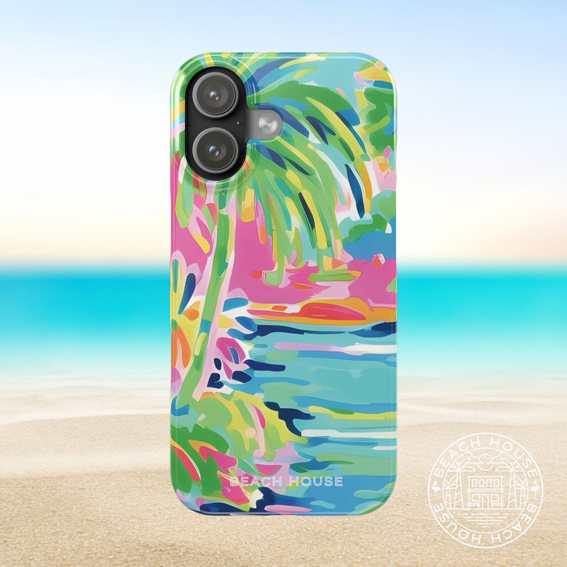 Colorful Delray Slim Case for iPhone 17 with palm tree design on a beach background