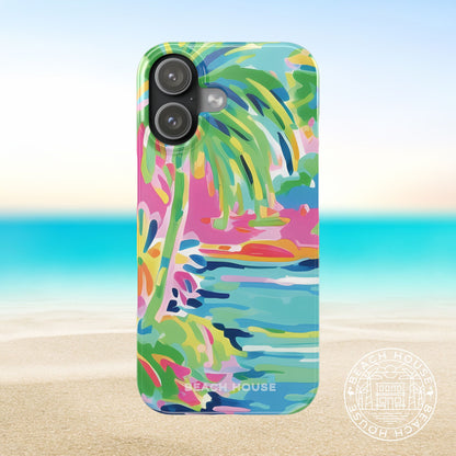 Colorful Delray Slim Case for iPhone 17 with palm tree design on a beach background