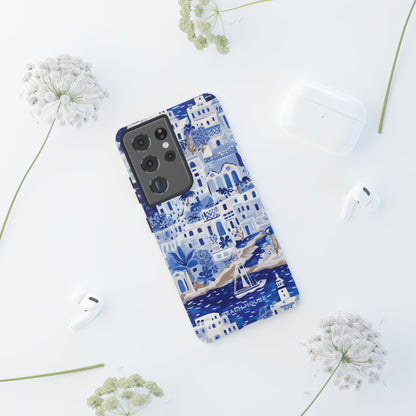 Santorini Tough Case for Galaxy with blue and white design on a white surface with flowers