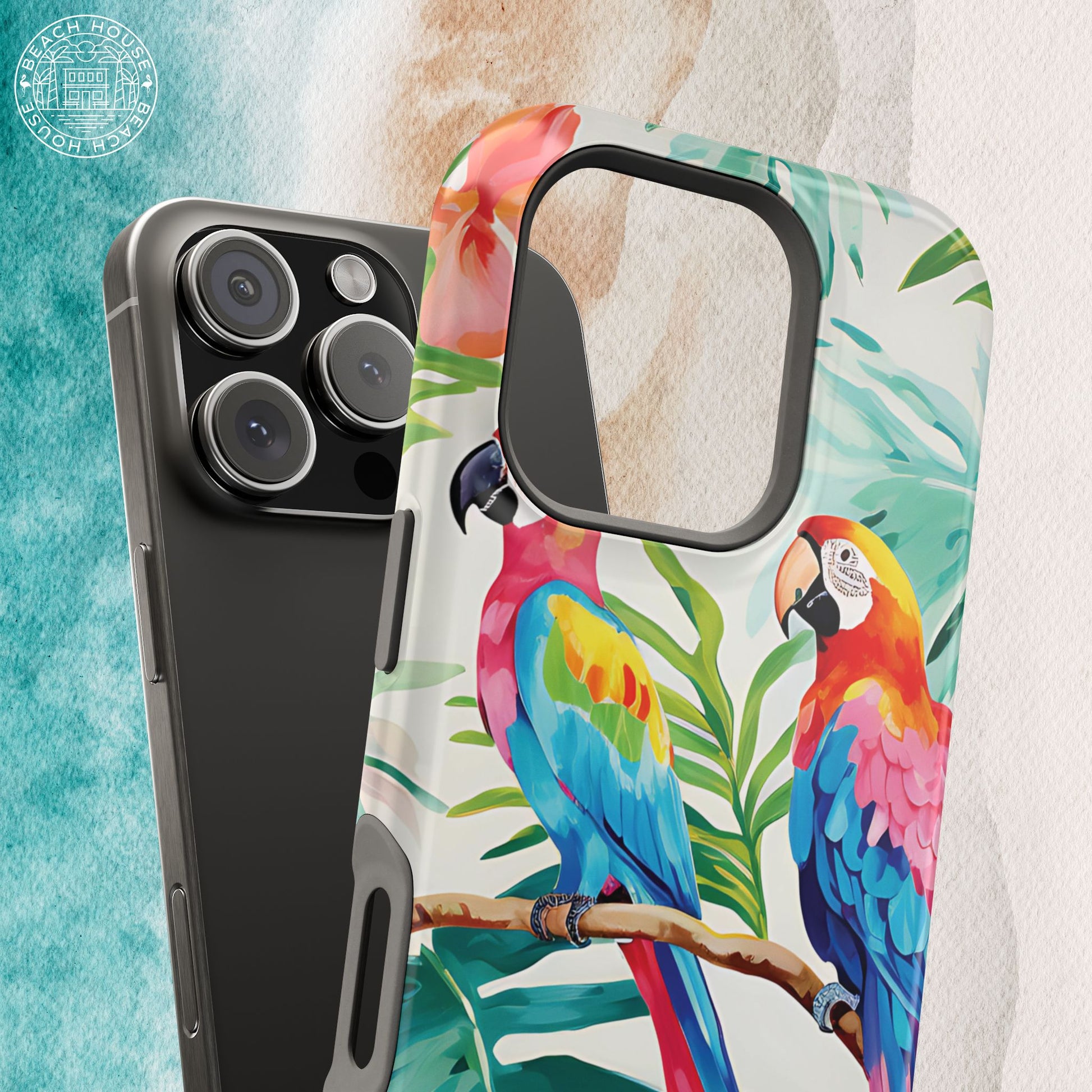 Copacabana MagSafe Tough Case for iPhone with colorful parrot design on a white background