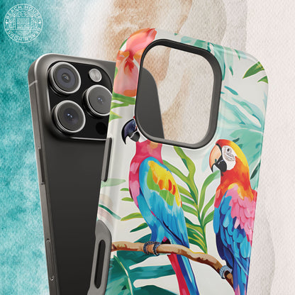 Copacabana MagSafe Tough Case for iPhone with colorful parrot design on a white background