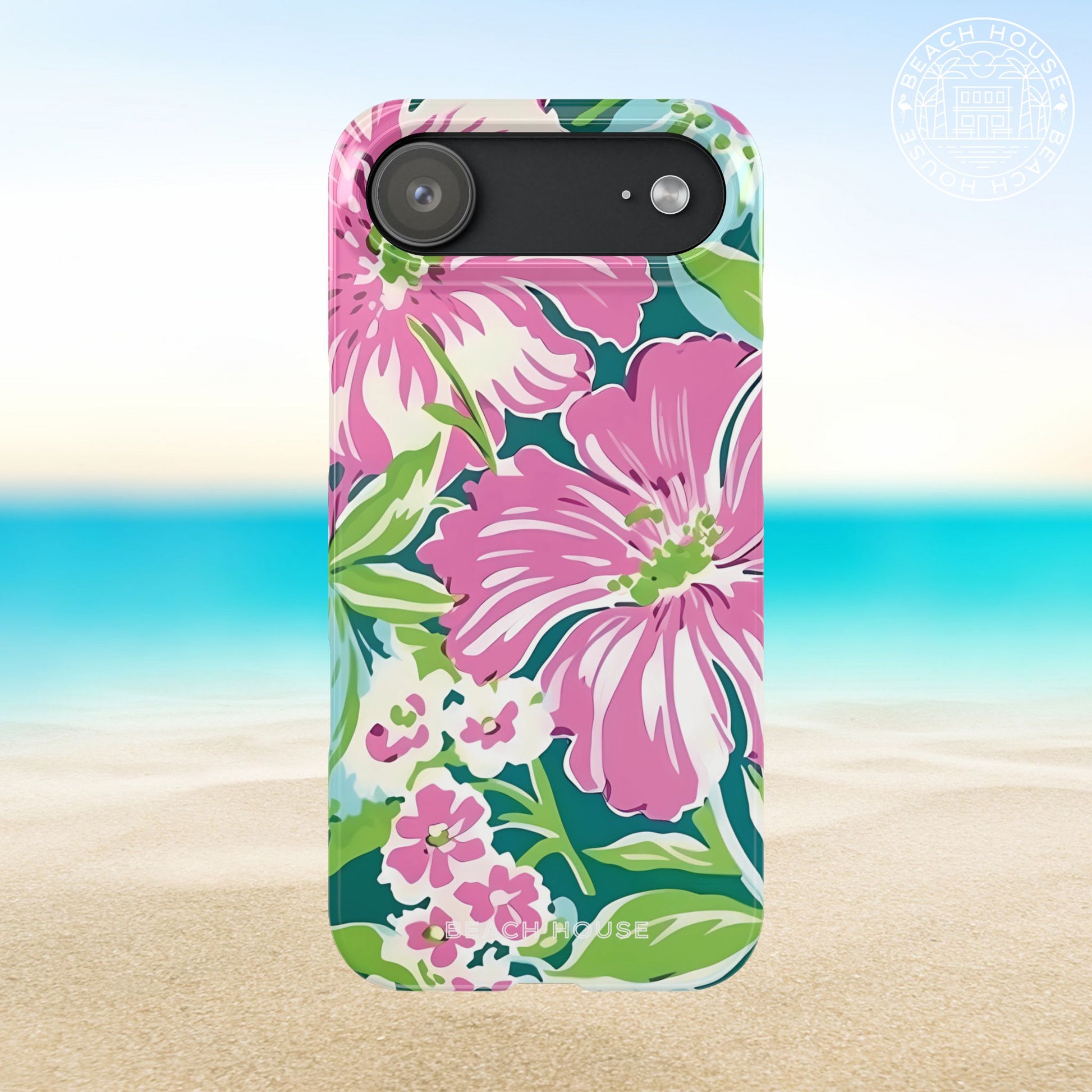 Seaside Slim Case for iPhone 17 Air with pink floral design on a beach background
