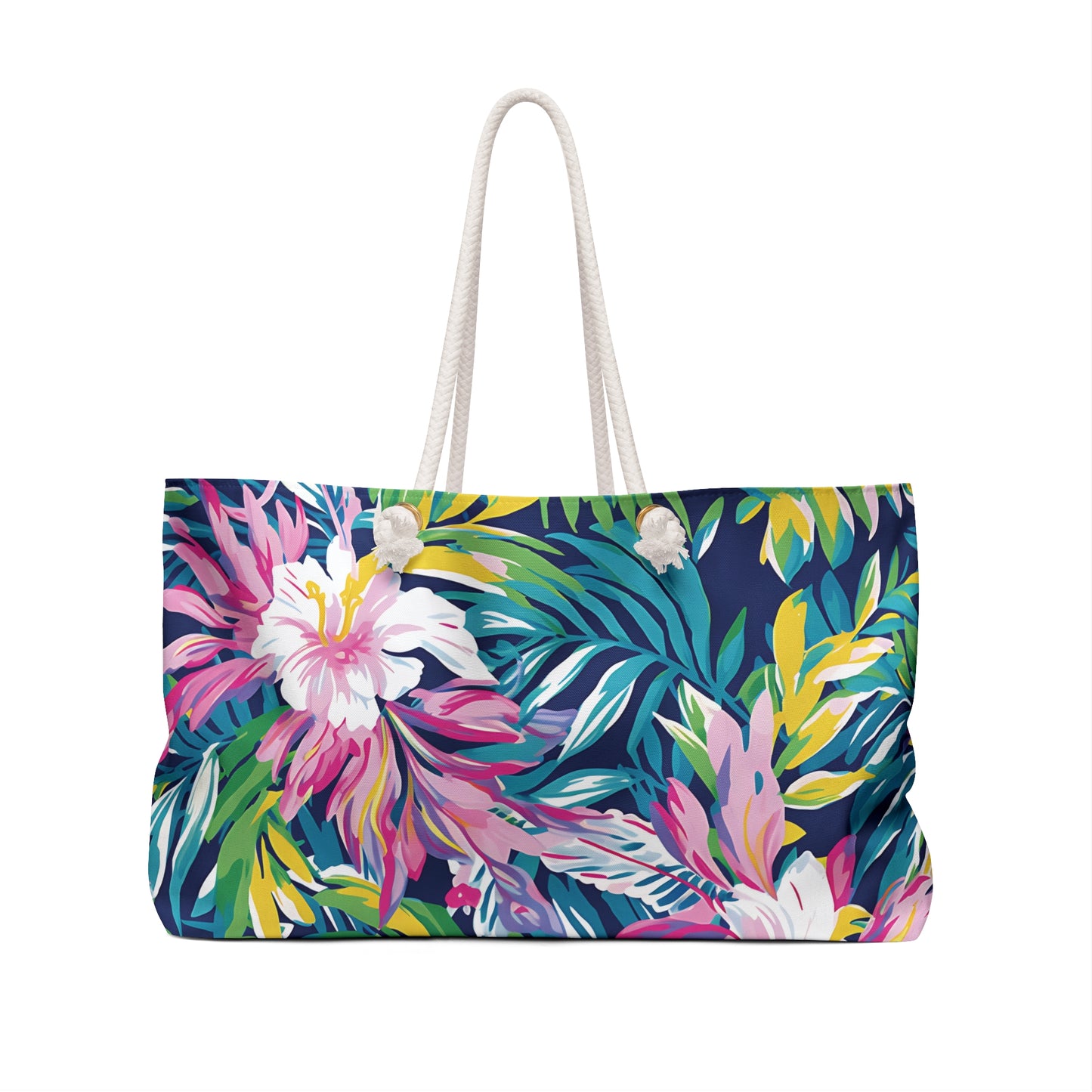 Back view of Tropical floral patterned Playa Hermosa Weekender Tote Bag with a white rope handle on a white background