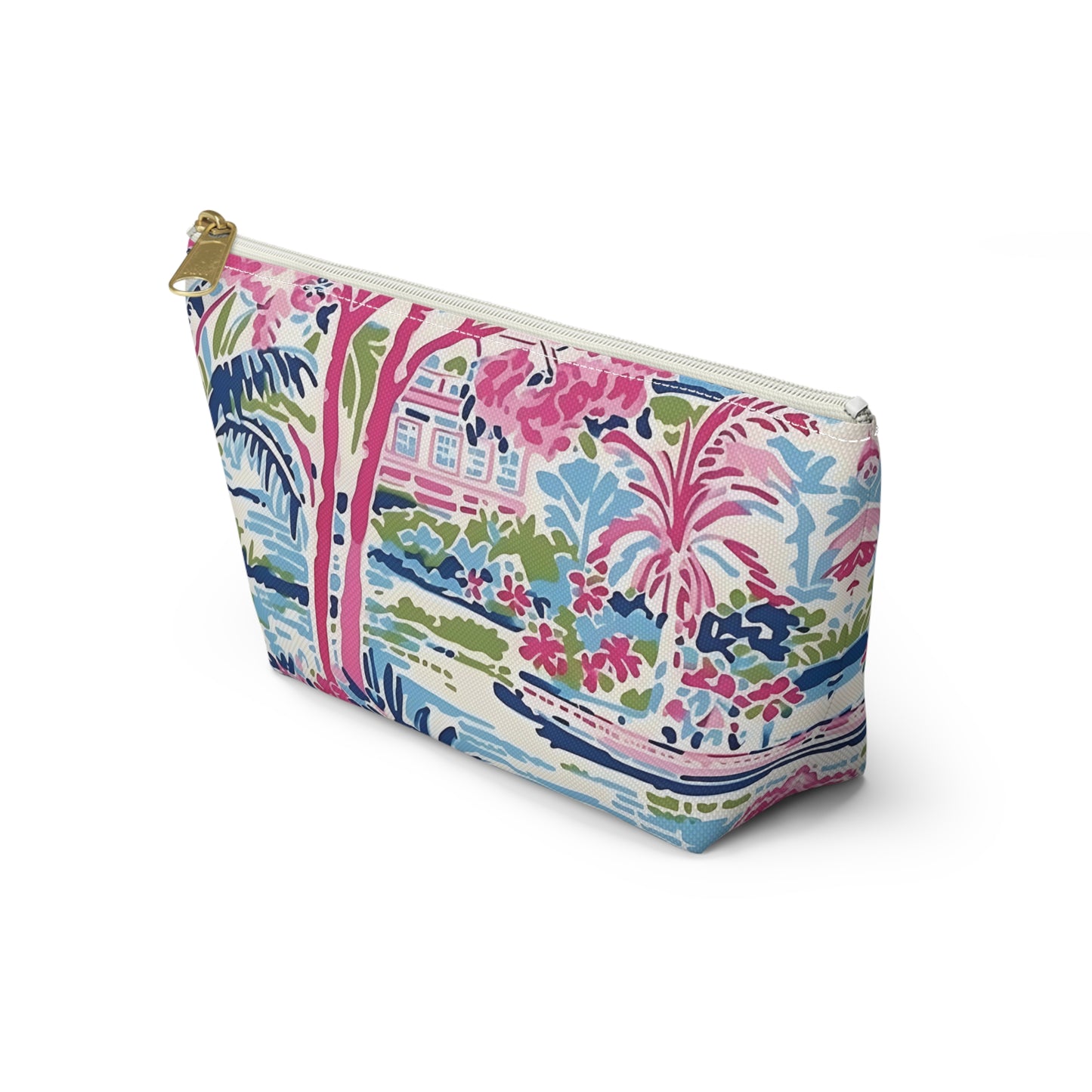 Colorful floral-patterned pouch on a white background