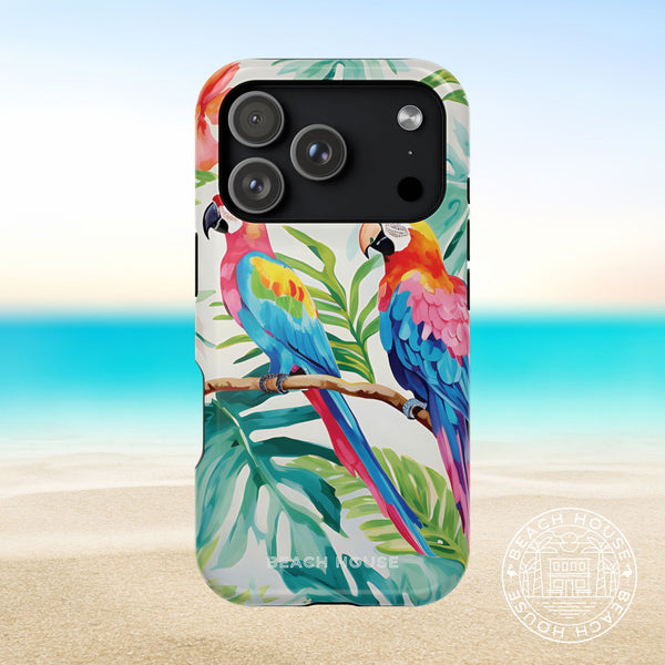 Copacabana MagSafe Tough Case for iPhone 17 Pro with parrot design on a beach background