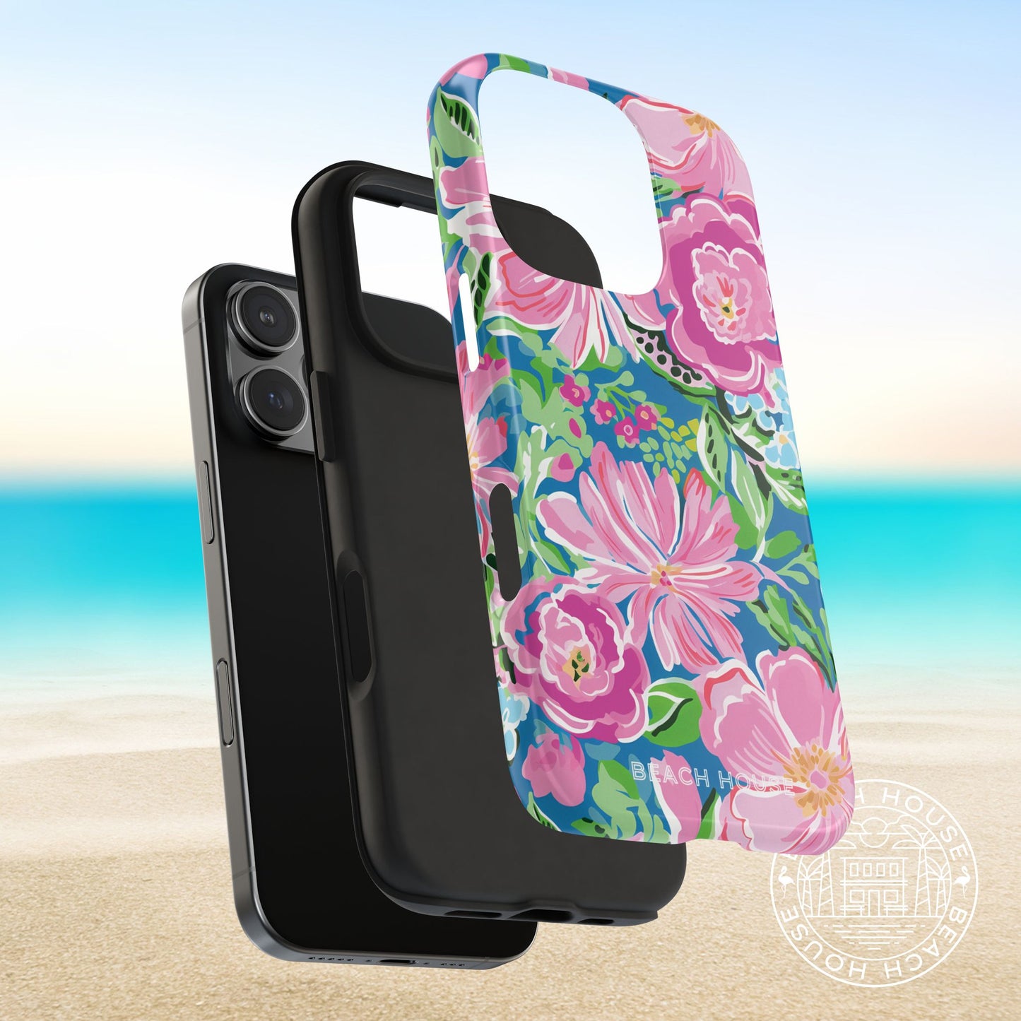 View of layers of the Madeira Tough Case for iPhone on a beach background with branding.