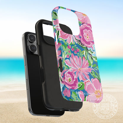 View of layers of the Madeira Tough Case for iPhone on a beach background with branding.