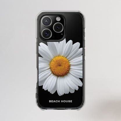 Phone case with a white flower design on a black background
