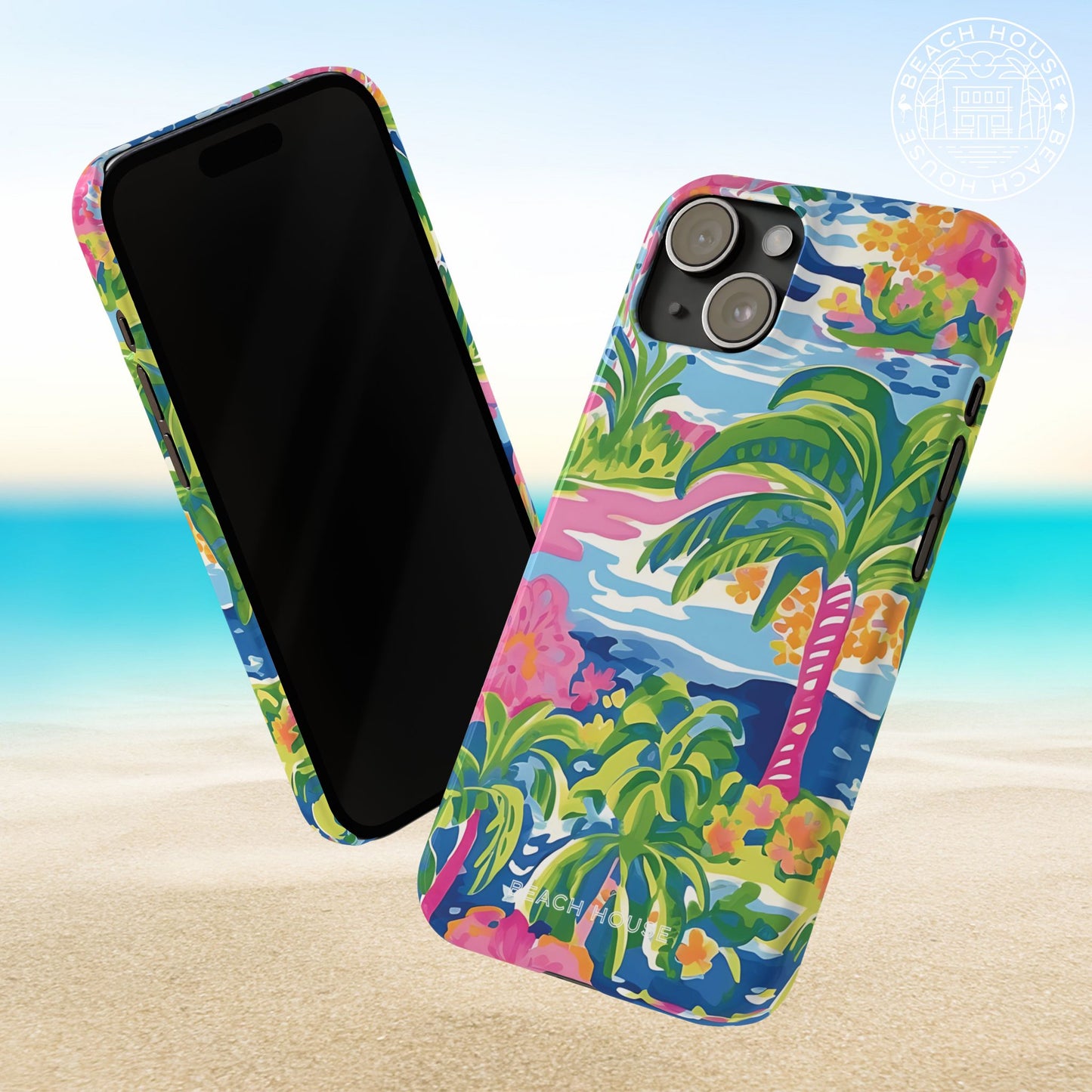 Front and back view of Kiawah Slim Case for iPhone with tropical design on a beach background