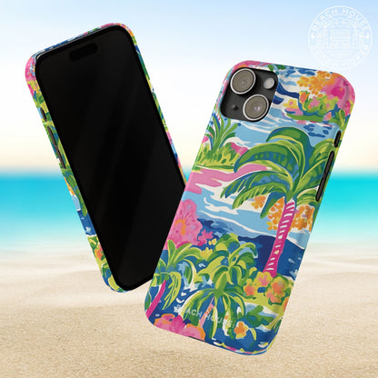 Front and back view of Kiawah Slim Case for iPhone with tropical design on a beach background