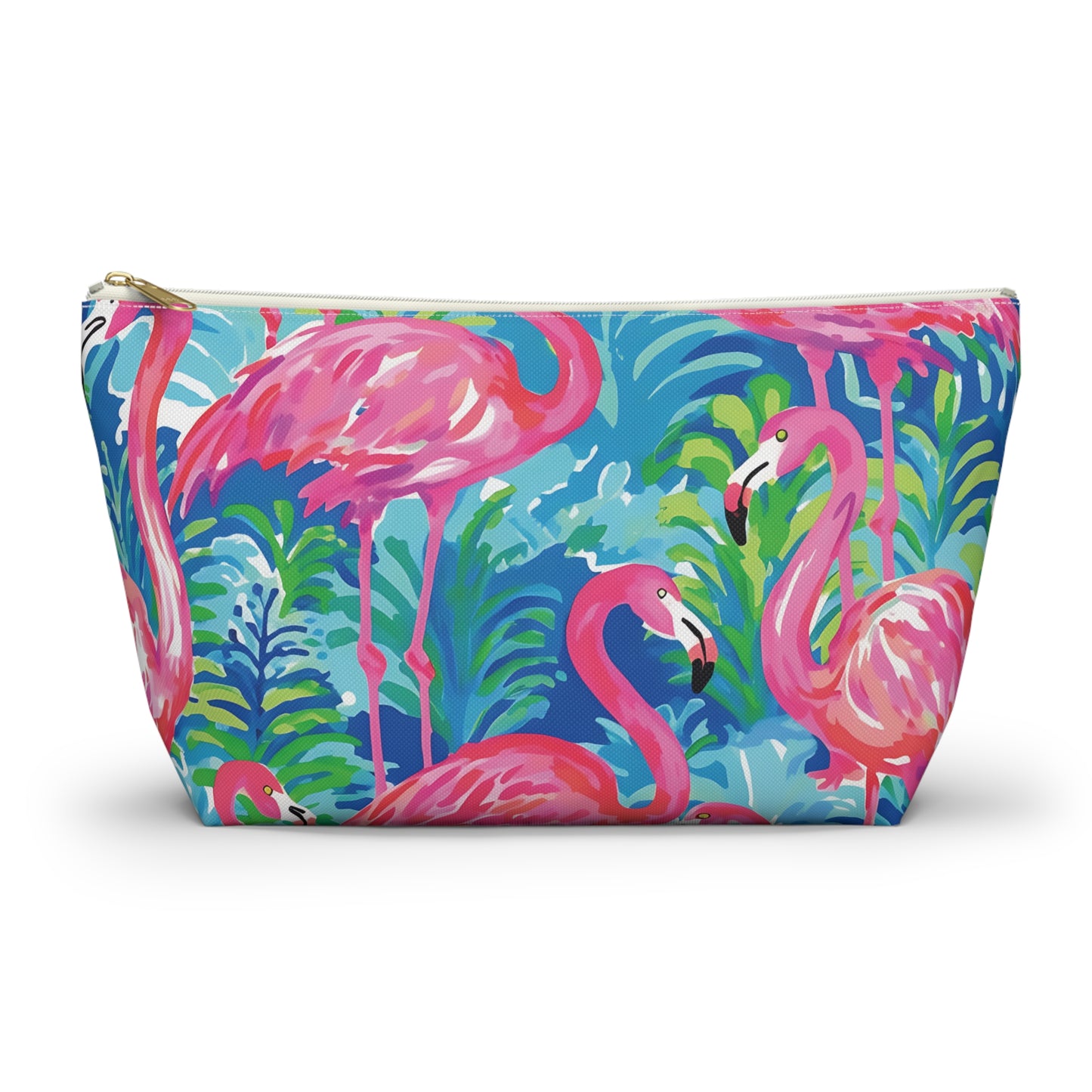 Pouch with pink flamingo design on a blue background
