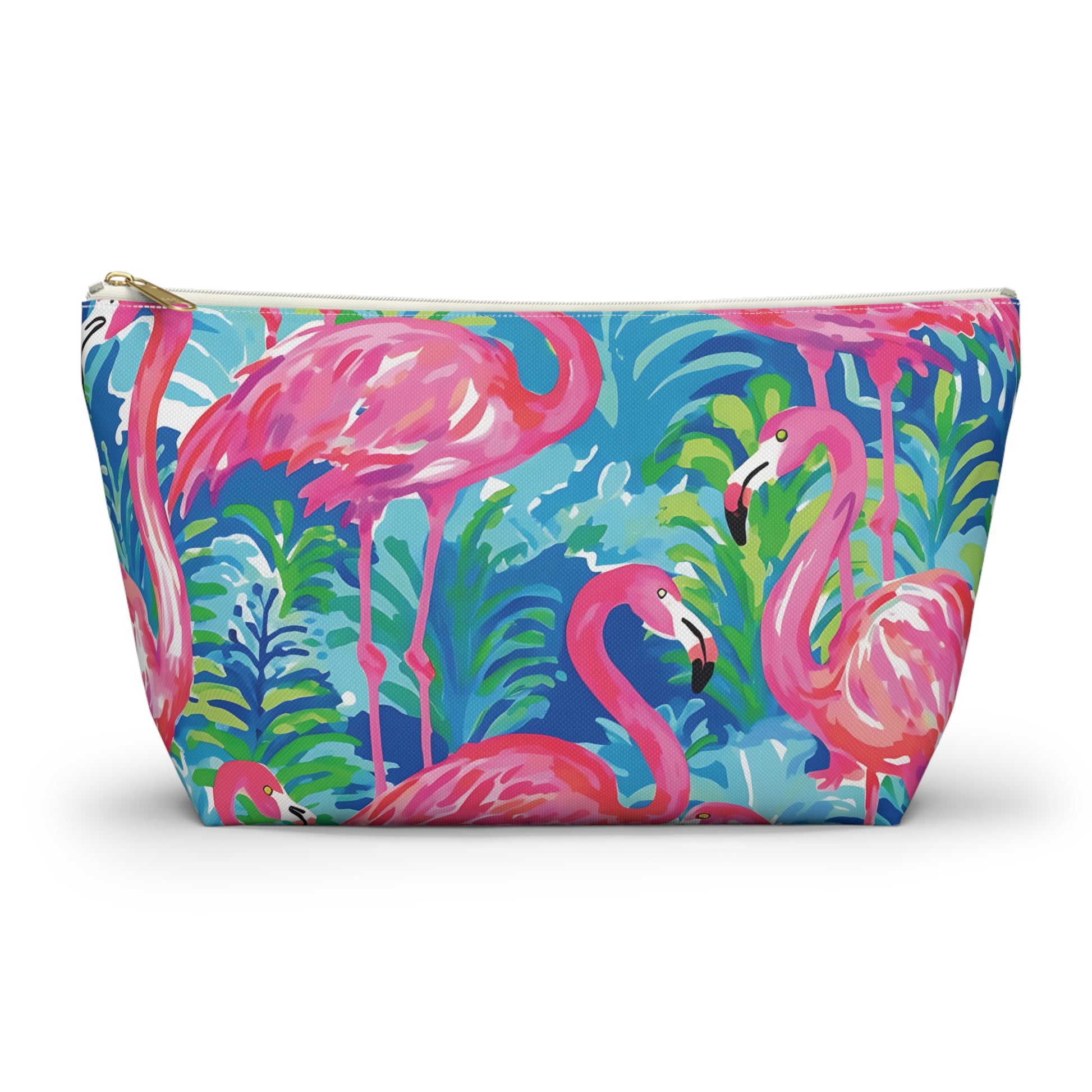 Pouch with pink flamingo design on a blue background
