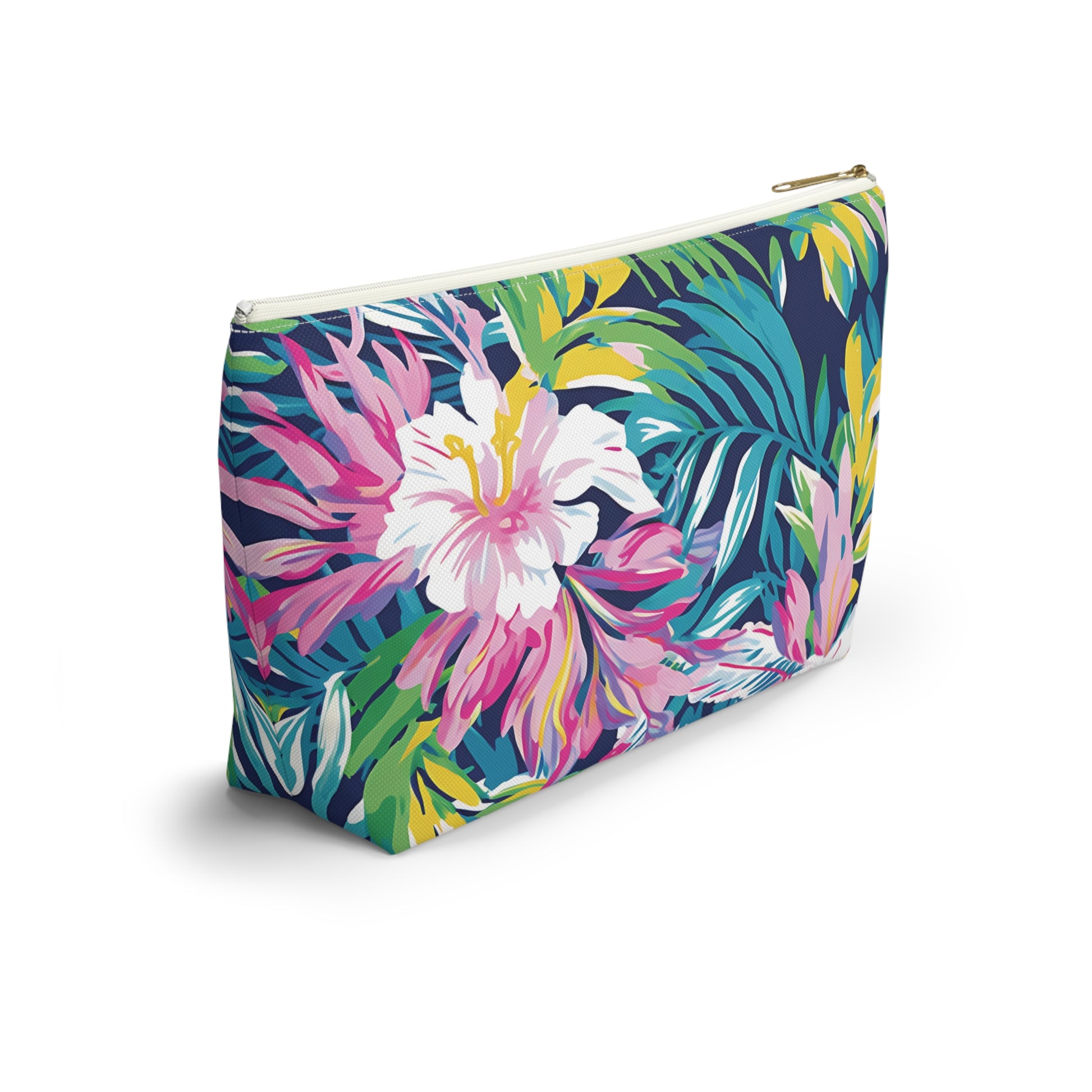 Cosmetic bag with tropical floral design on a white background