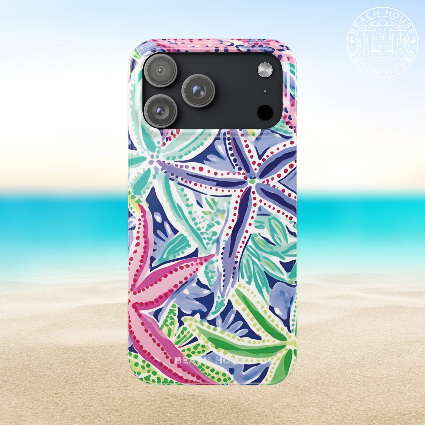 Siesta Key Slim Case for iPhone 17 Pro Max with colorful pattern on a beach background