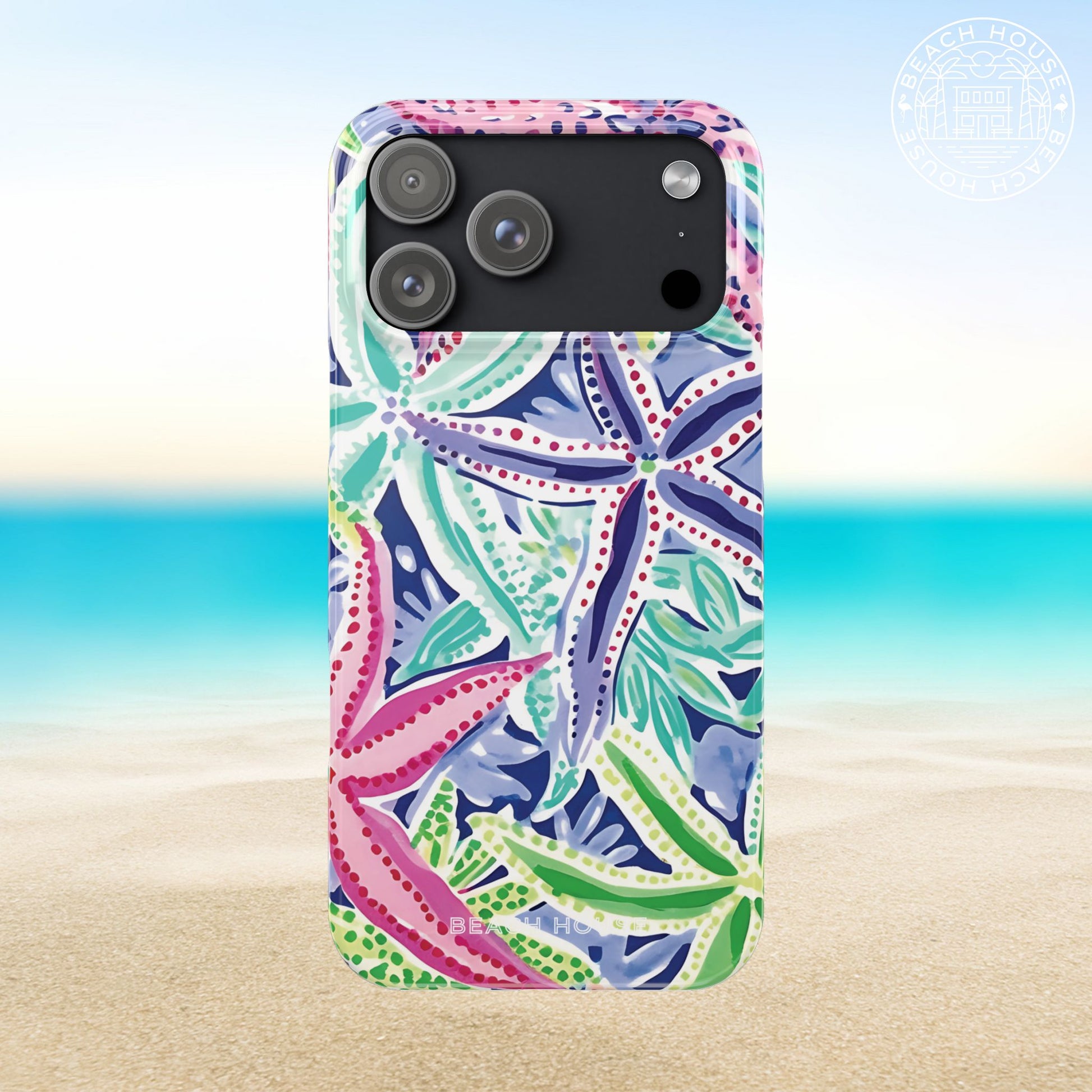 Siesta Key Slim Case for iPhone 17 Pro Max with colorful pattern on a beach background