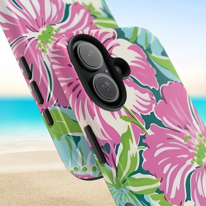 Close up views of the Seaside Tough Case for iPhone with pink floral design on a beach background