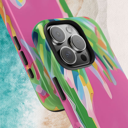 Close up views of the Boca case for iPhone with Palm tree design on a textured background