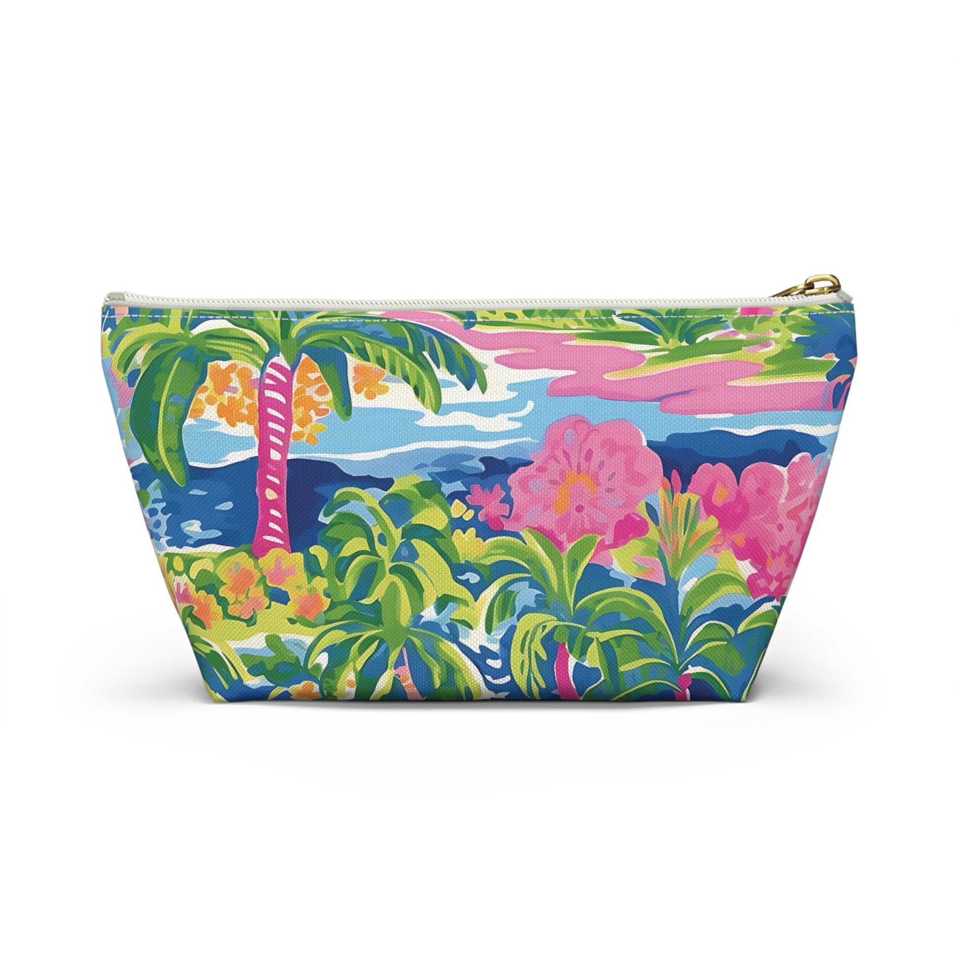 Colorful pouch with tropical design featuring palm trees and flowers on a white background