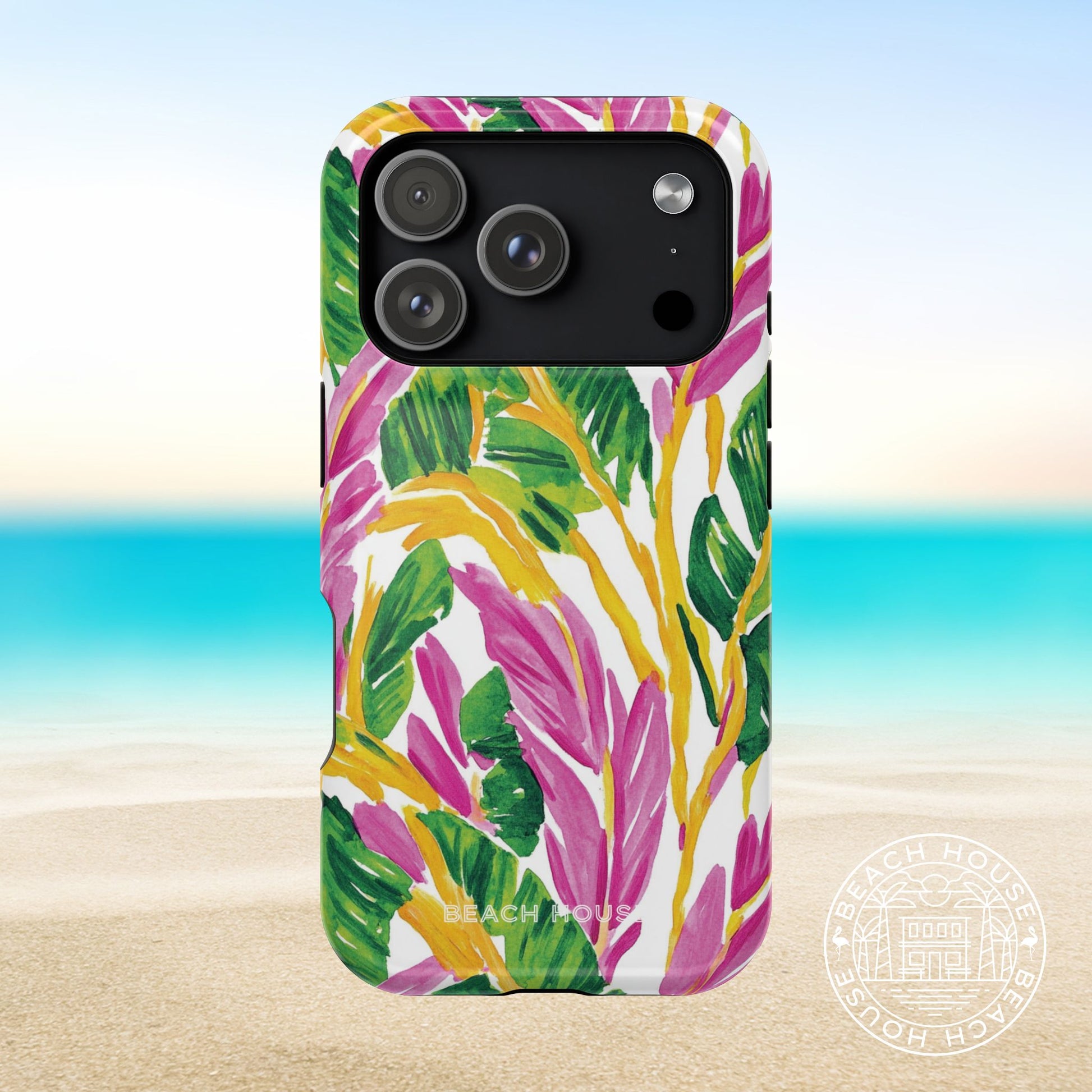 Naples MagSafe Tough Case for iPhone 17 Pro with colorful leaf pattern on a beach background
