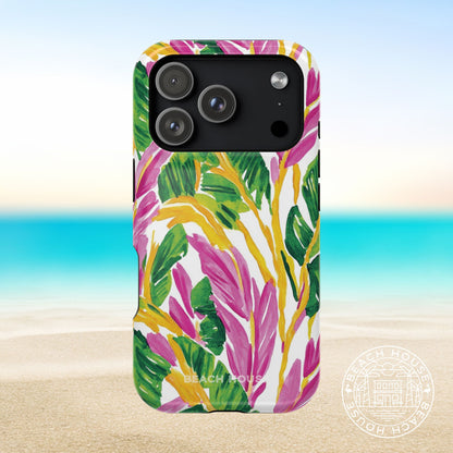 Naples MagSafe Tough Case for iPhone 17 Pro with colorful leaf pattern on a beach background