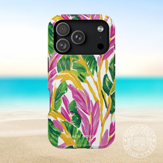 Naples MagSafe Tough Case for iPhone 17 Pro with colorful leaf pattern on a beach background