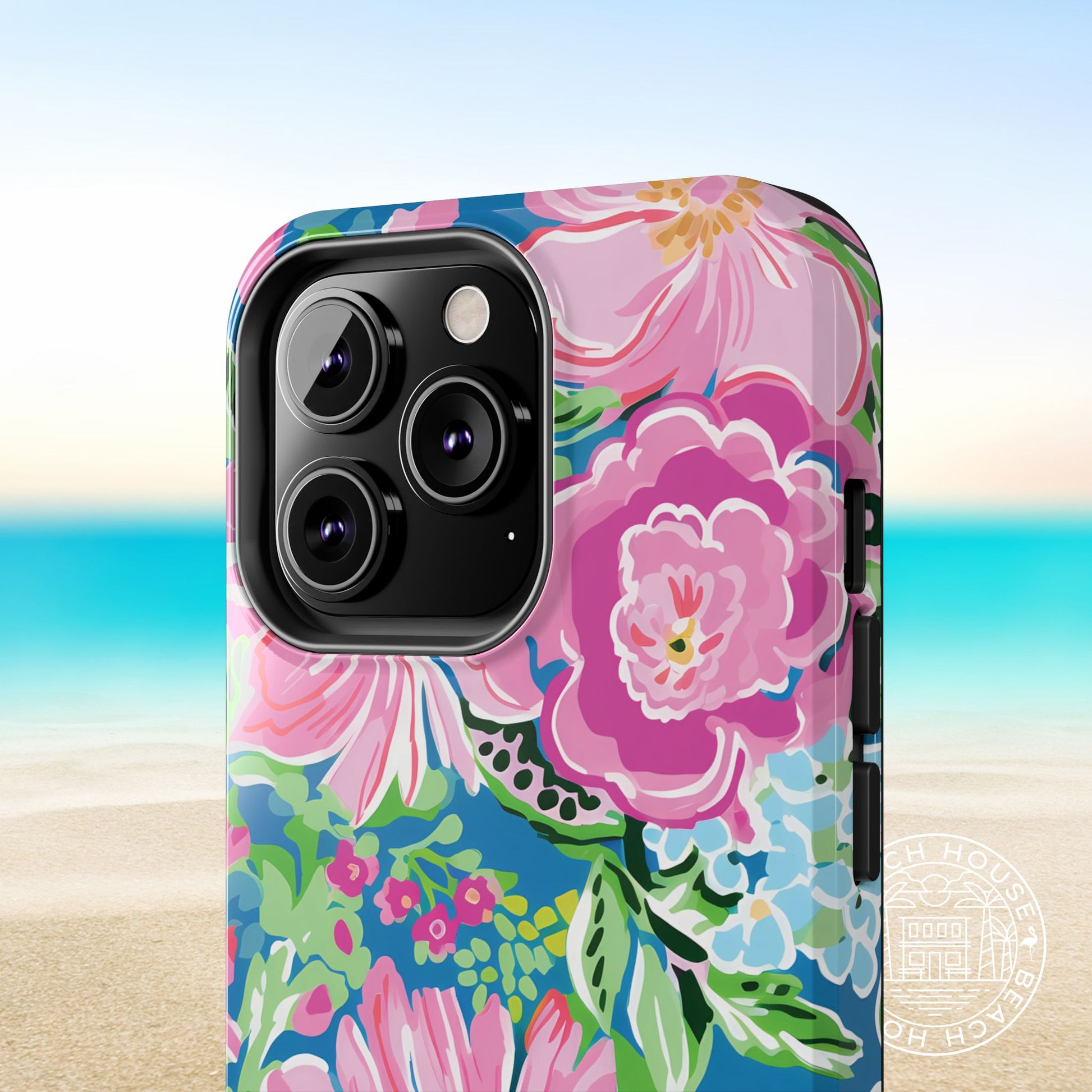 Close up view of the Madeira Tough Case for iPhone with a beach background