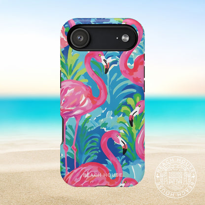 Key Largo MagSafe Tough Case for iPhone 17 Air with pink flamingo design on a beach background