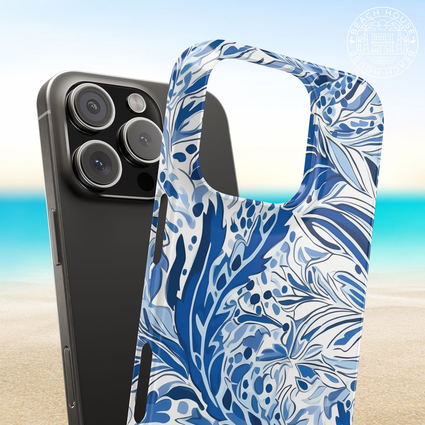 Nags Head Slim Case for iPhone with blue and white abstract design on a beach background