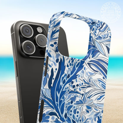 Nags Head Slim Case for iPhone with blue and white abstract design on a beach background
