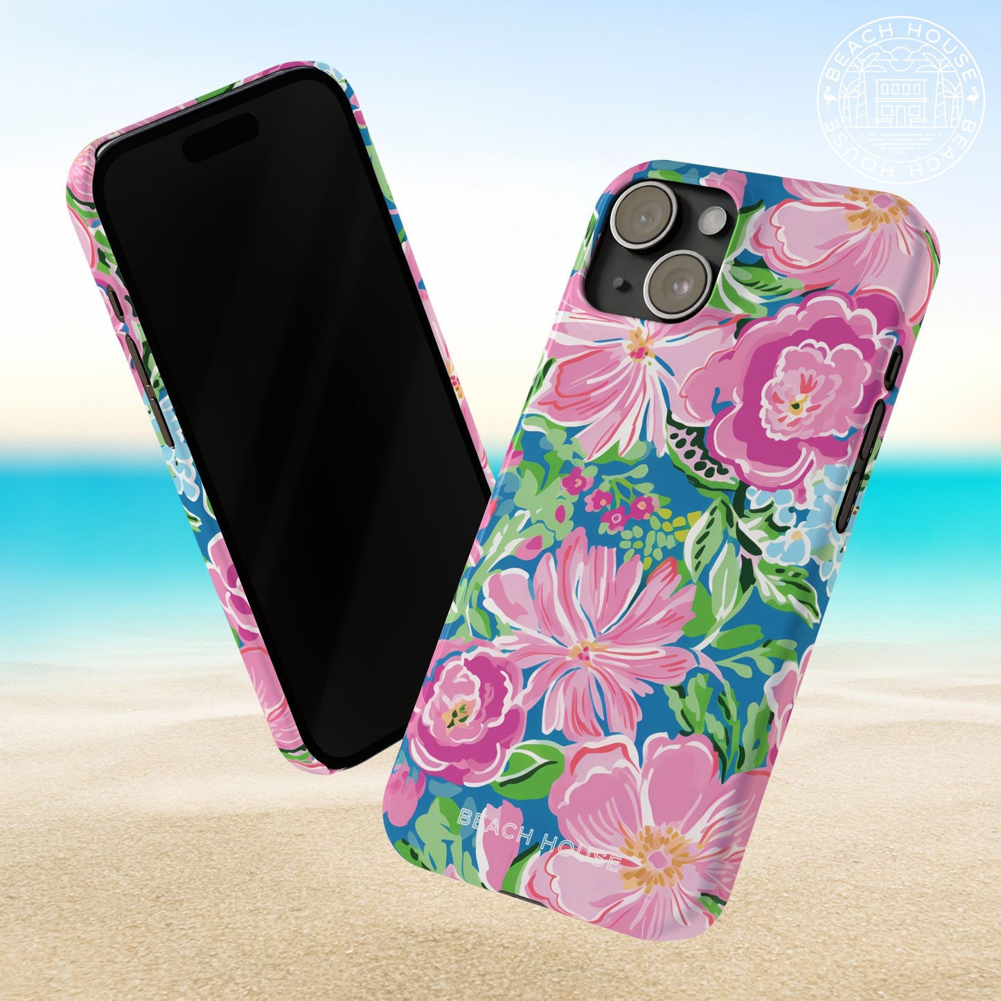 Front and back view of the Madeira Slim Case for iPhone on a beach background