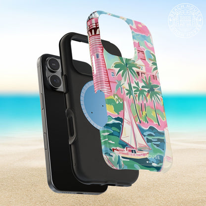 Full protection layers of the St. Simon MagSafe Tough Case for iPhone with tropical design on a beach background