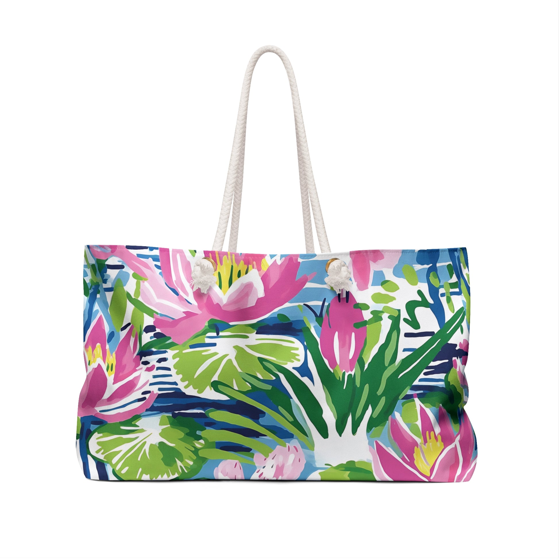 Back view of Everglades beach tote bag with floral design on a white background