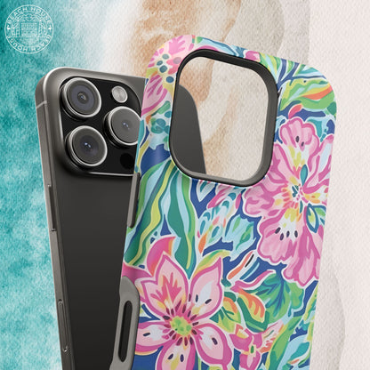 Fernandina MagSafe Tough Case for iPhone with tropical floral design, on a textured surface