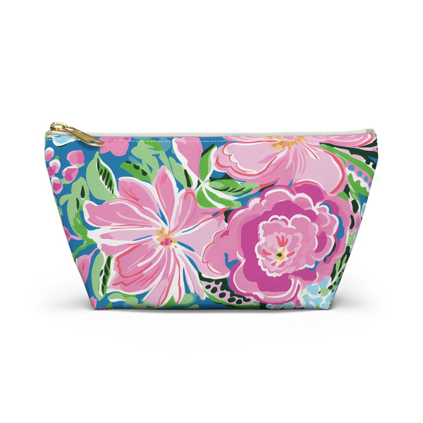 Floral patterned pouch with pink flowers on a white background