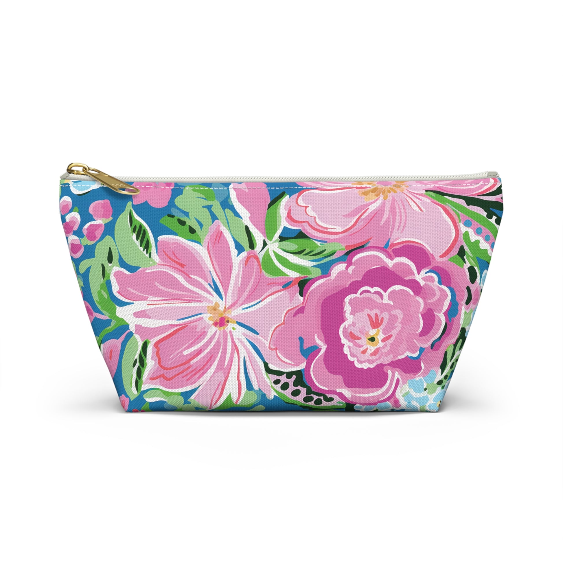 Floral patterned pouch with pink flowers on a white background