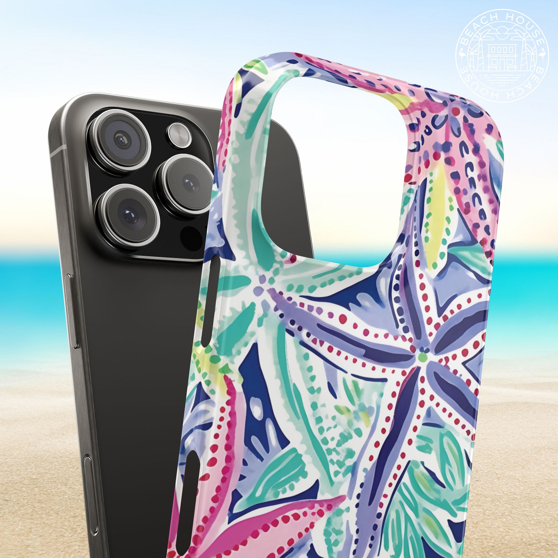 Siesta Key Slim Case for iPhone with colorful starfish design on a beach background