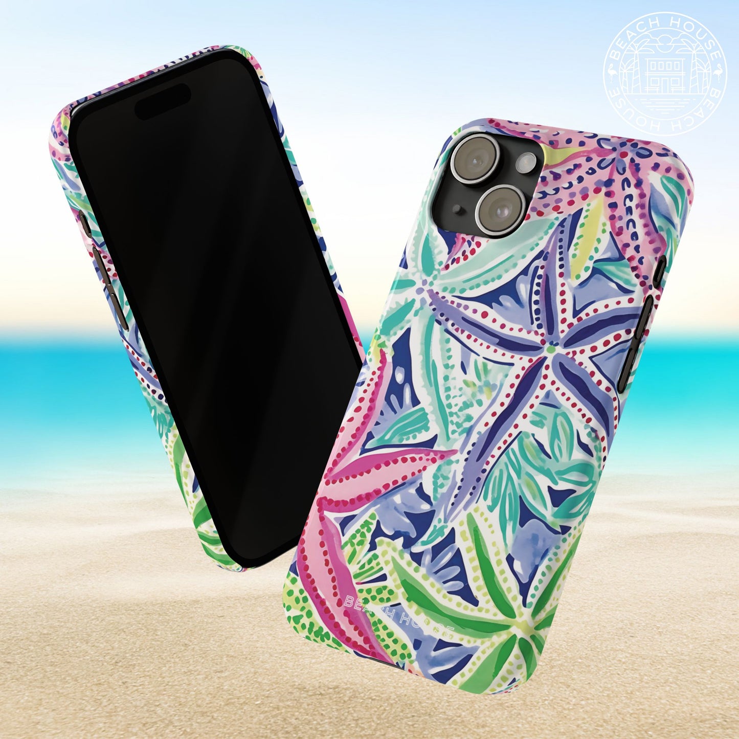 Front and back views of Siesta Key Slim Case for iPhone with a starfish pattern on a beach background