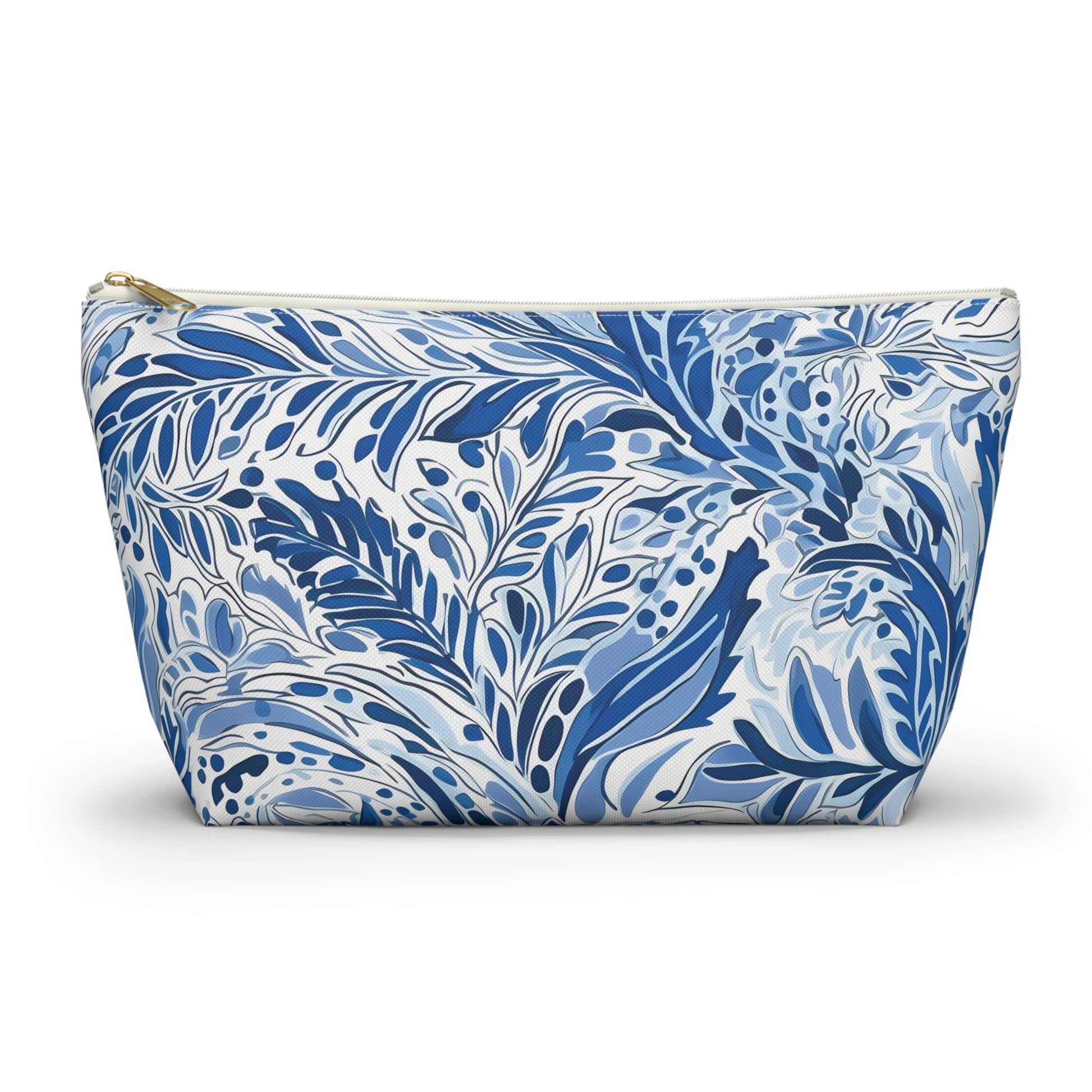 Blue and white floral patterned pouch on a white background