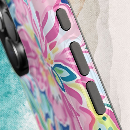 Close up view of buttons of the Fernandina MagSafe Tough Case for iPhone on a textured surface