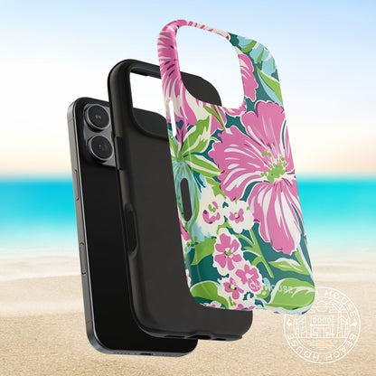 View of layers of the Seaside Tough Case for iPhone with floral design on a beach background