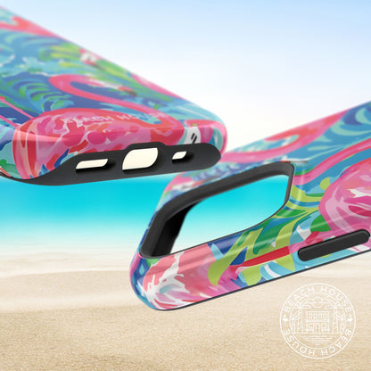 Top and bottom views of the Key Largo MagSafe Tough Case for iPhone with floral design on a beach background