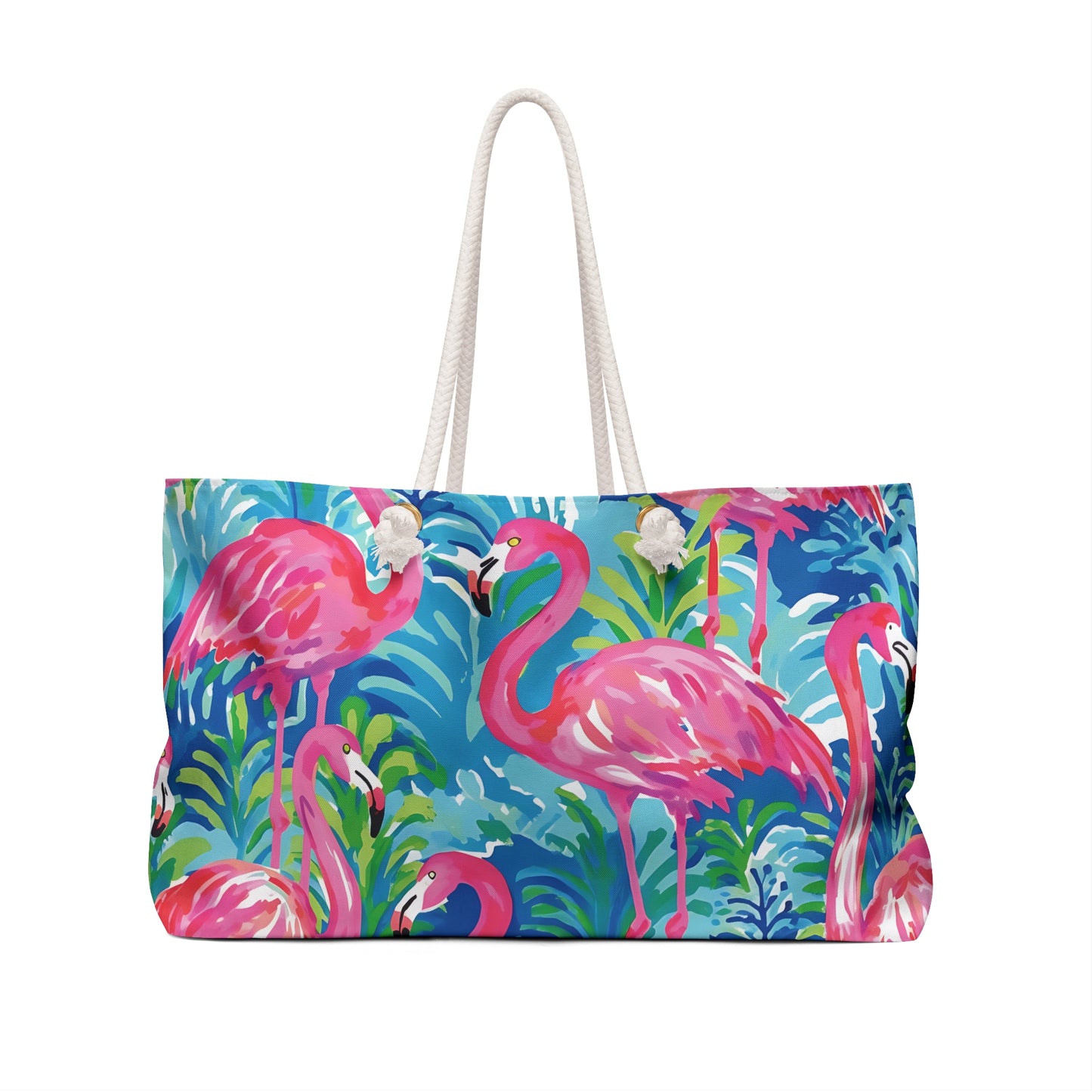 Key Largo Weekender Tote bag with pink flamingo design on a white background