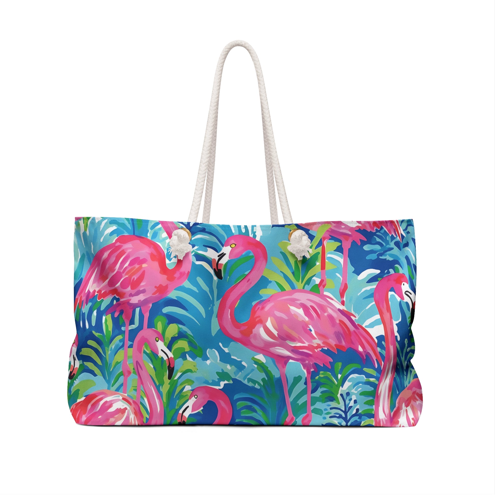 Key Largo Weekender Tote bag with pink flamingo design on a white background