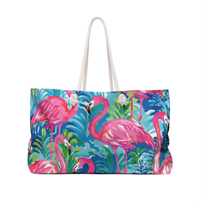Key Largo Weekender Tote bag with pink flamingo design on a white background