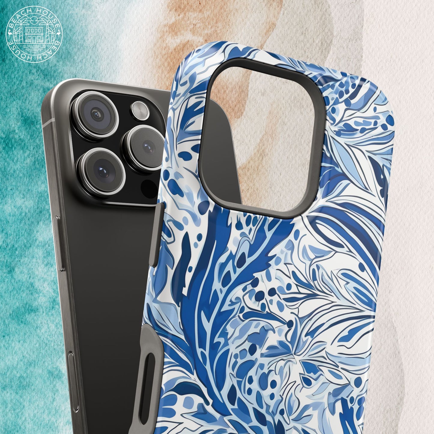 Nags Head MagSafe Tough Case for iPhone with blue floral pattern on a textured background