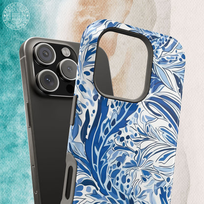 Nags Head MagSafe Tough Case for iPhone with blue floral pattern on a textured background