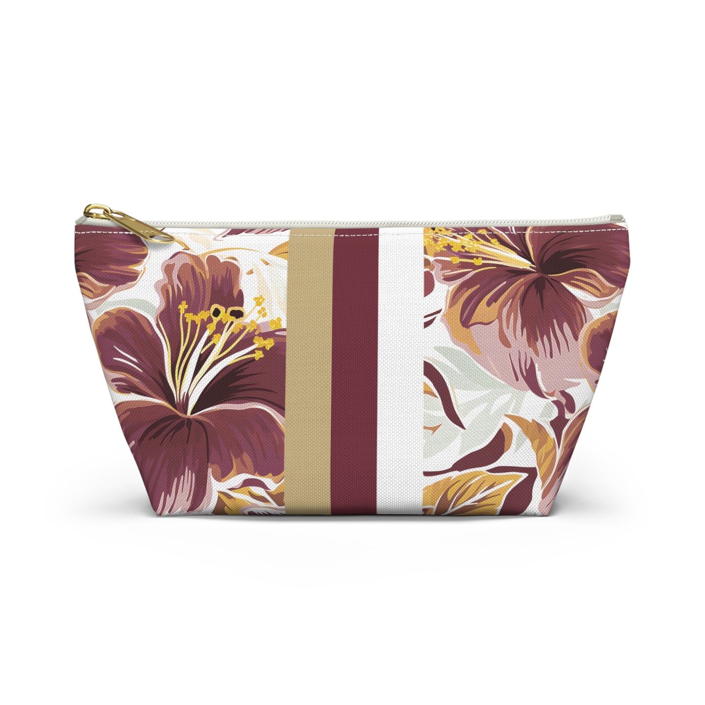 Floral-patterned pouch with a gold stripe on a white background