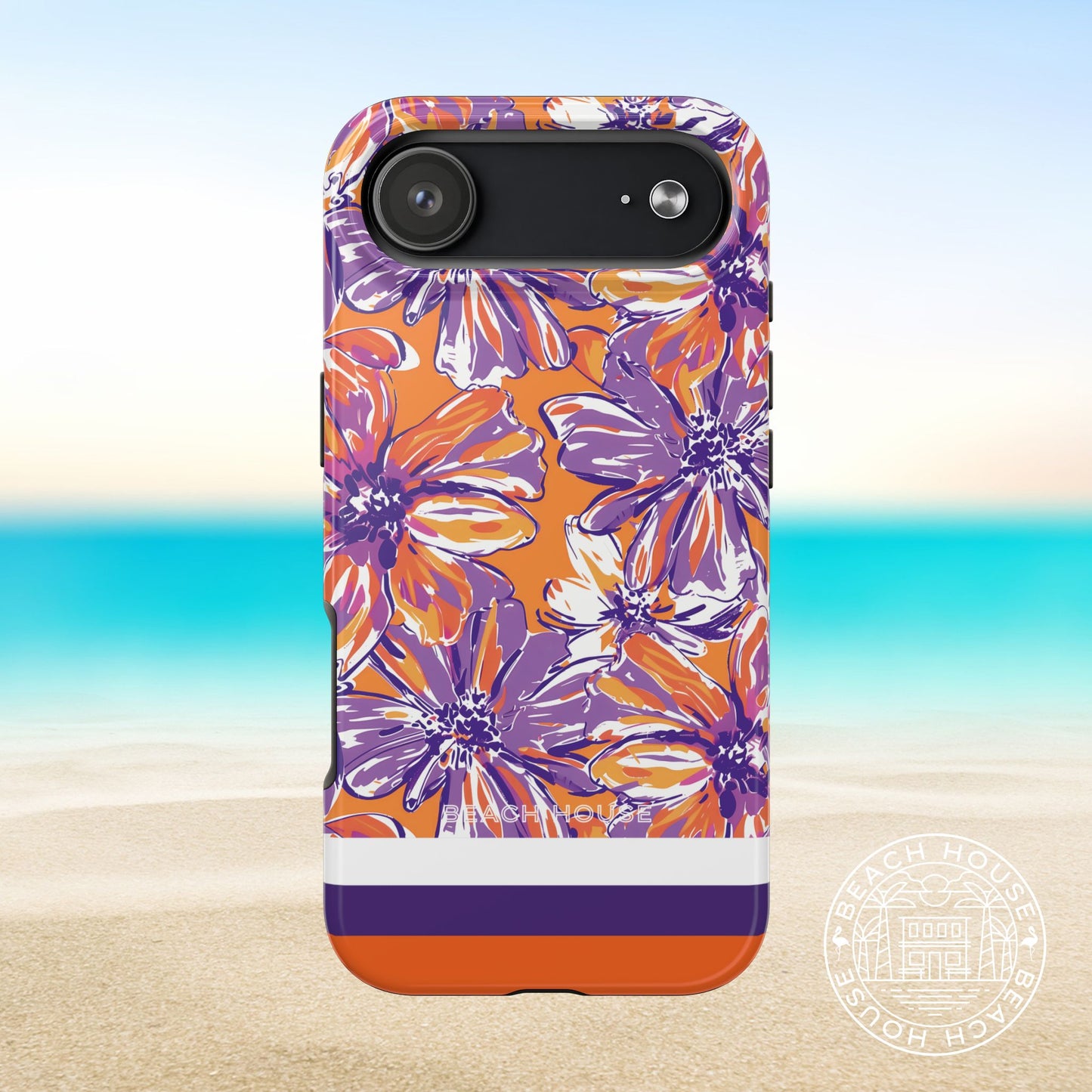 Clemson Tough Case for iPhone 17 Air with purple and orange design on a beach background